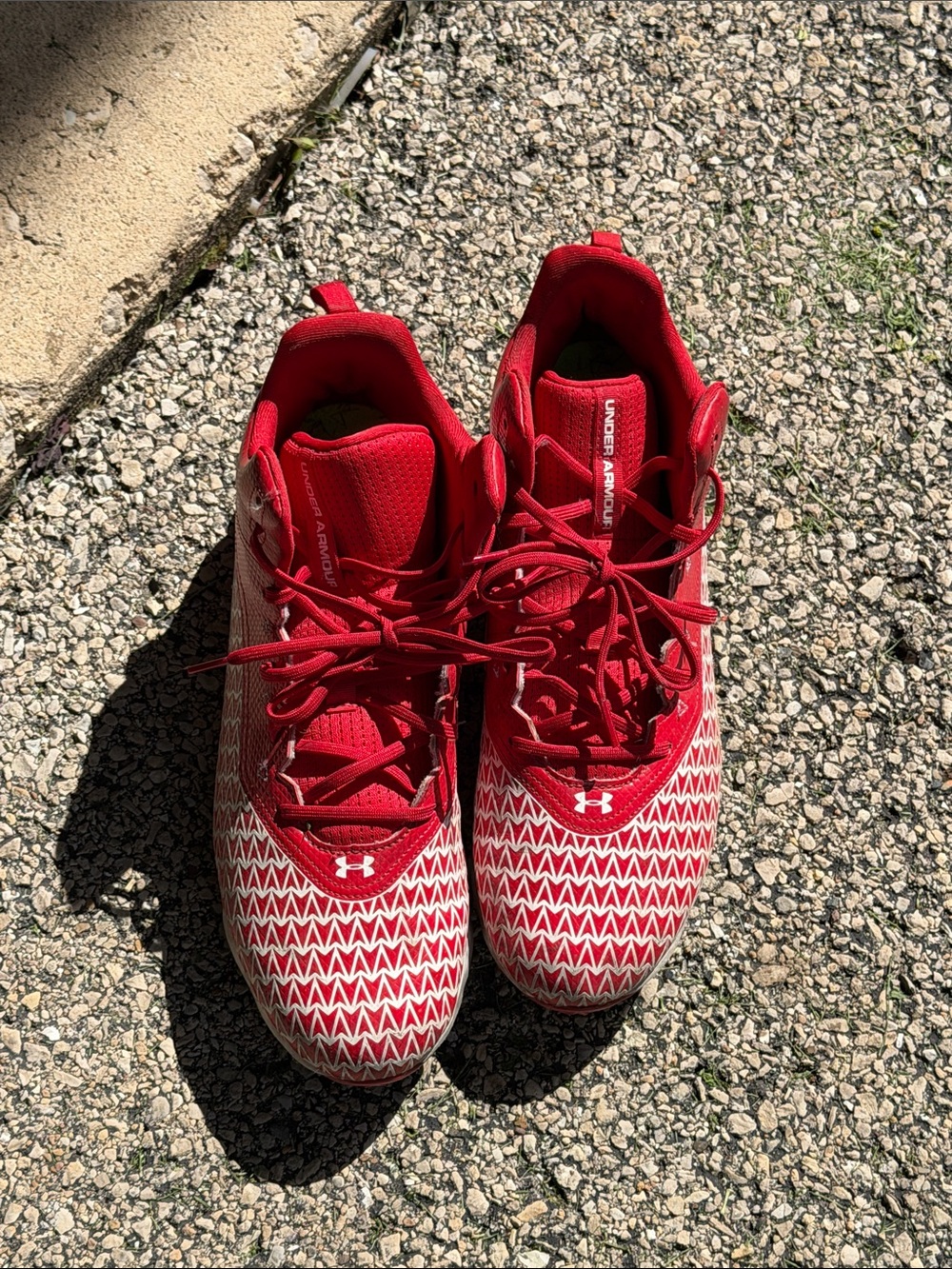 Under Armour Adult Football Cleats Red and White Patterned Athletic Sneakers 12